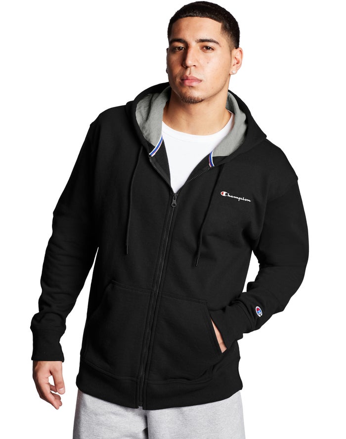 Champion Mens Hoodie NZ - Powerblend Fleece Full Zip Script Logo Black ( 4810-GQTLA )